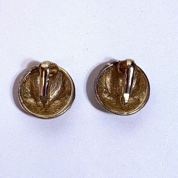 Green Enamel and Gold Tone Vintage Earrings, Round 80s Retro Clip On Statement - Picture 5 of 9